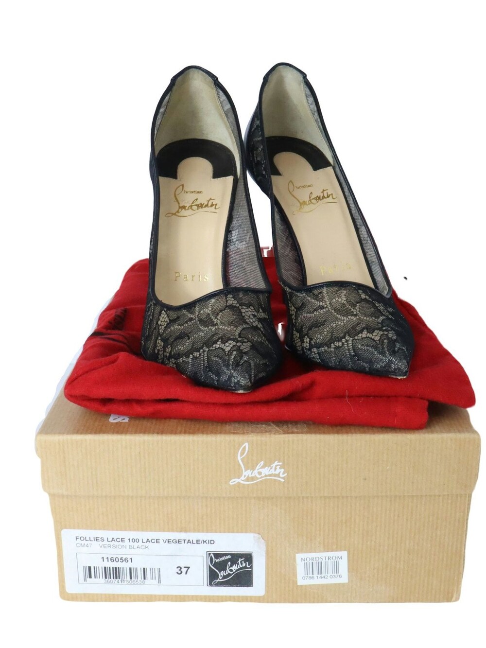 Christian Louboutin Follies Lace 100 Vegetal Black Stiletto Heel Women's 37 US 7
